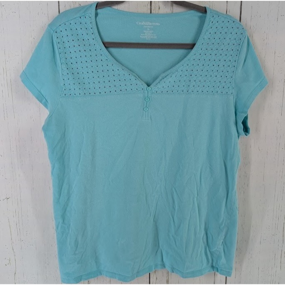 Croft Barrow Size Large Intimates Blue Crochet Lace V Neck Short Sleeve Top